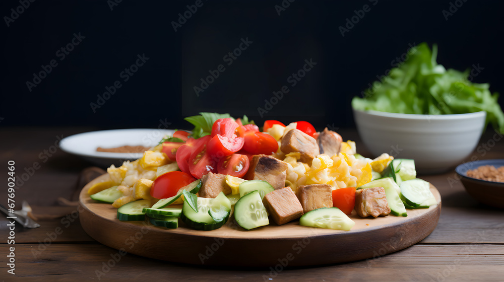 Healthy Chicken Pasta Salad with Fresh Vegetables Wooden Background