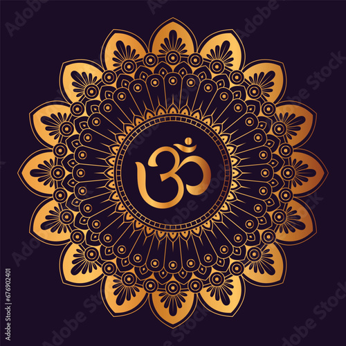 Om Hindu symbol golden mandala on black background vector illustration	