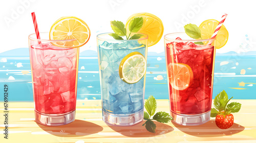 Summer Refreshment Trio  Iced Fruit Cocktails with Lemon and Strawberry on Seaside Background