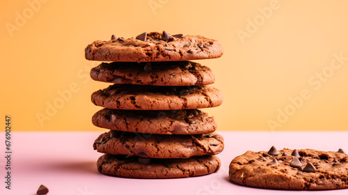 Homemade Chocolate Chip Cookies on Pink and Yellow Background