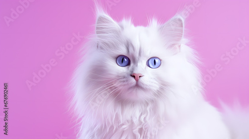 White Fluffy Cat with Blue Eyes on Pink Background