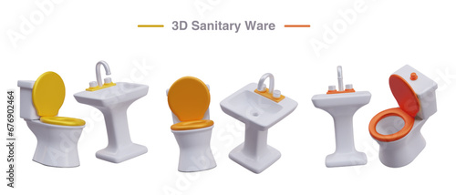 Vector set of sanitary ware. Washbasins and toilets with seats of different colors. Isolated illustration on white background. Furniture for bathroom. Objects in different positions