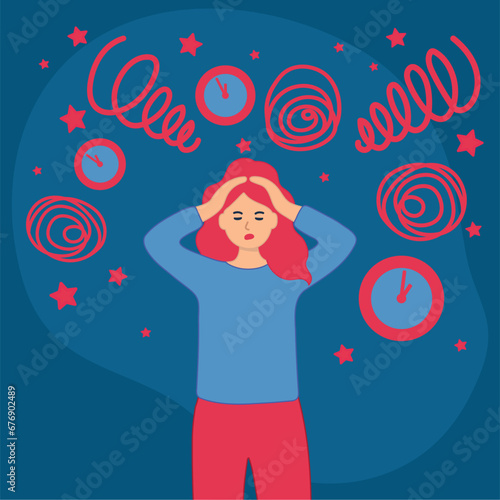 A woman surrounded by clocks. Life with stress and problems. Panic attacks. Negative lifestyle. Vector illustration.