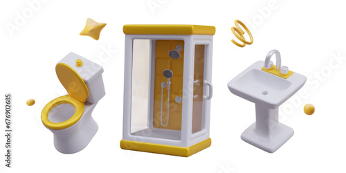 Toilet with gold seat, square shower, washstand, decorative elements. Concept of clean luxury sanitary ware. Vector isolated objects for combination and single use