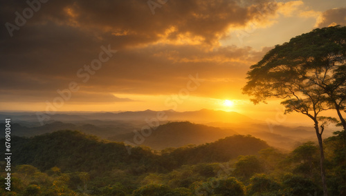 Magnificent sunset casting a golden glow over the jungle landscape - AI Generative