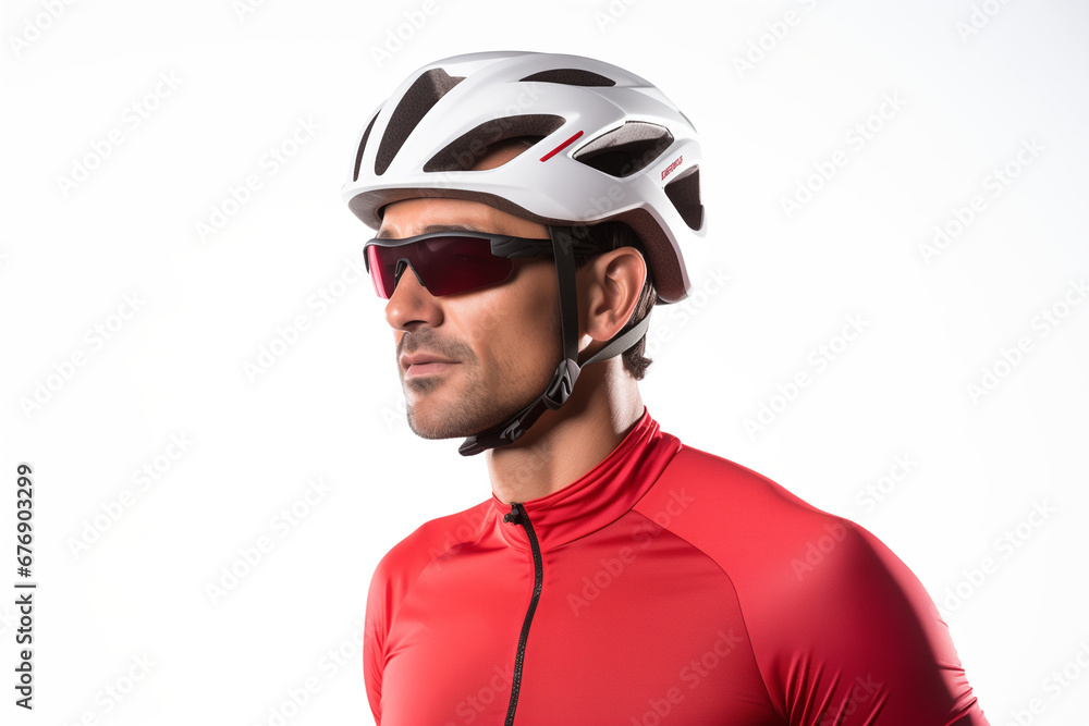 A man is wearing a red bicycle jersey and sunglasses. A man is wearing a red bicycle jersey and sunglasses.