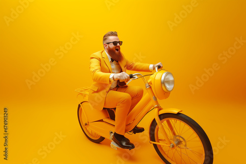 A bearded businessman is riding a yellow motorcycle. © Positive Click