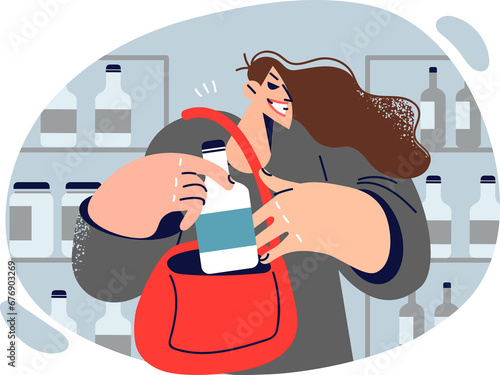 Fotografie Kleptomaniac sly woman steals from supermarket, putting bottle in bag with grin