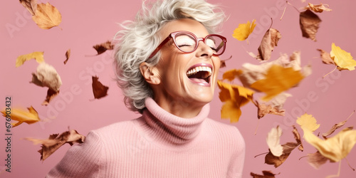 Graceful Older Woman Embraced by Falling Autumn Leaves, AI generated