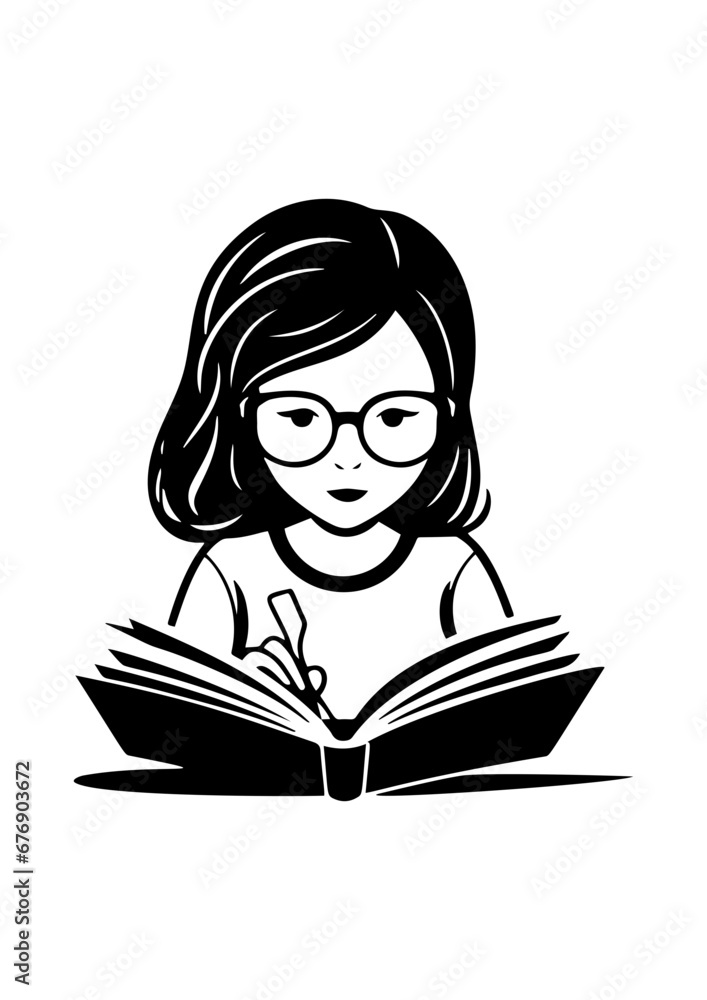 Small child hold open book and read. Knowledge and education concept. Vector illustration
