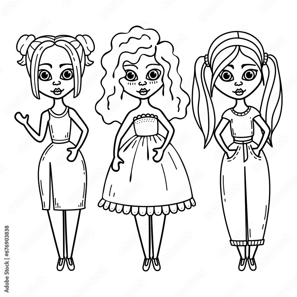 Fashionable girls coloring page. Cute dolls line art. Hand drawn illustration. Fashionable girls coloring page. Cute dolls line art. Hand drawn illustration.