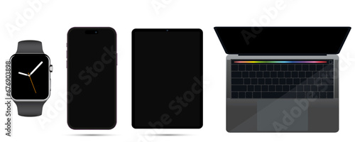 Zdolbuniv, Ukraine - November 11, 2023. Editorial set of Apple devices. Macbook pro, air. iPhone14. Imac front and back. Ipad, apple watch ultra generations are realistic.