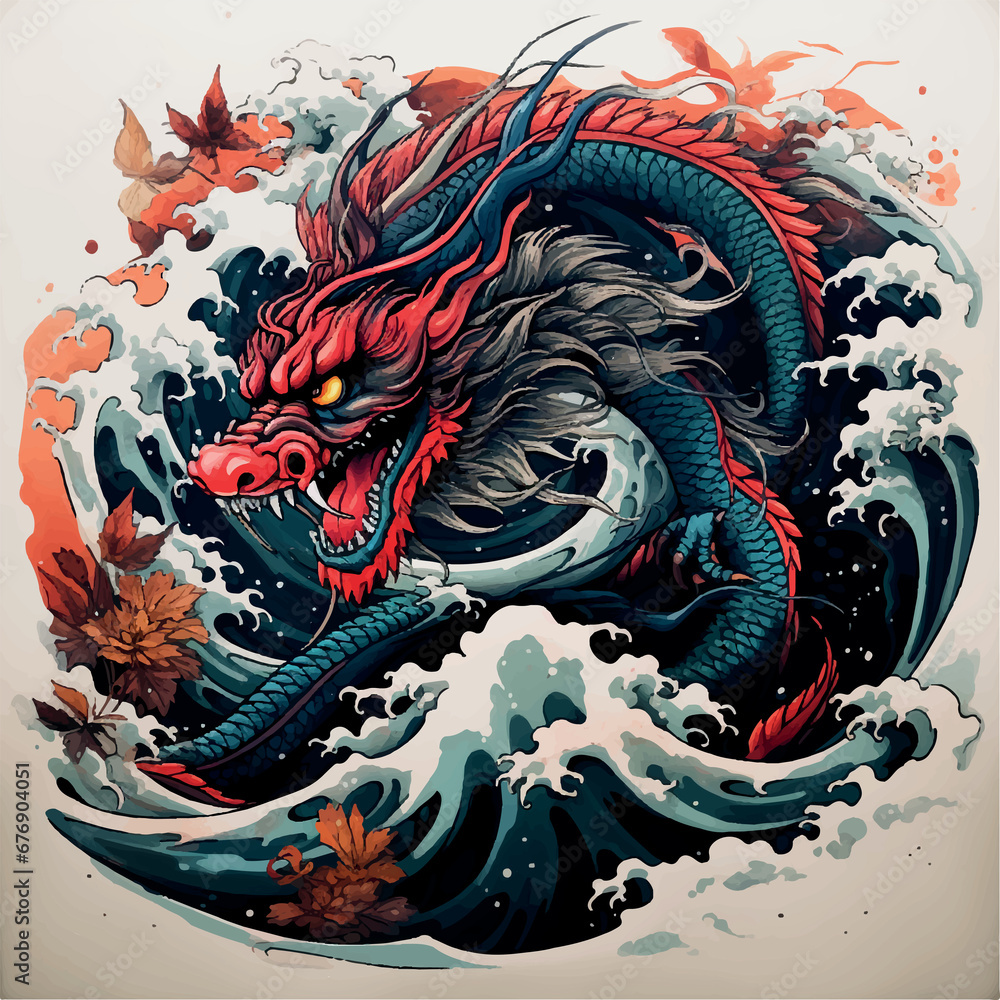 Illustration Japan dragon in Japanese tattoo style with waves