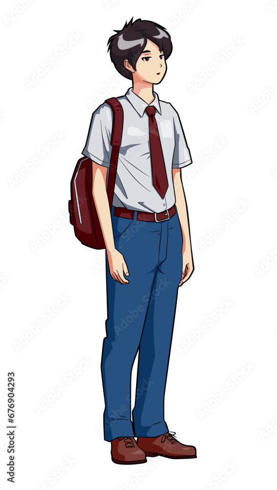Japanese school boy in uniform in anime style