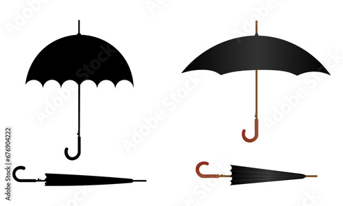 black realistic umbrella in closed and open view during rain, shown on white isolated background eps10