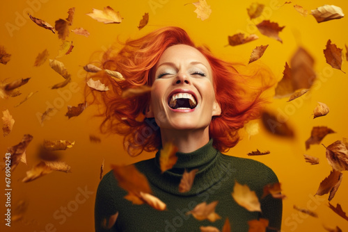 Beautiful Older Woman with Falling Leaves in Vibrant Orange Portrait, AI generated