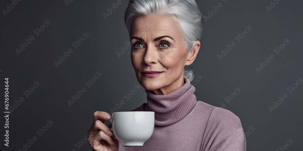 Serene Mature Lady Sips Tea, Adorned by Grey Ambiance, Bestage Product Promotion Image, AI generated Serene Mature Lady Sips Tea, Adorned by Grey Ambiance, Bestage Product Promotion Image, AI generated
