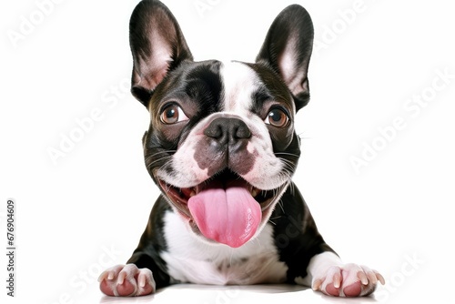 a boston terrier on an white background background licking his nose with a big pink tongue, Generative AI photo