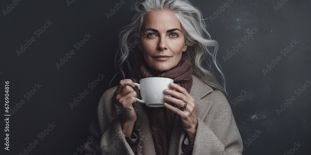 Serene Mature Lady Sips Tea, Adorned by Grey Ambiance, Bestage Product Promotion Image, AI generated Serene Mature Lady Sips Tea, Adorned by Grey Ambiance, Bestage Product Promotion Image, AI generated