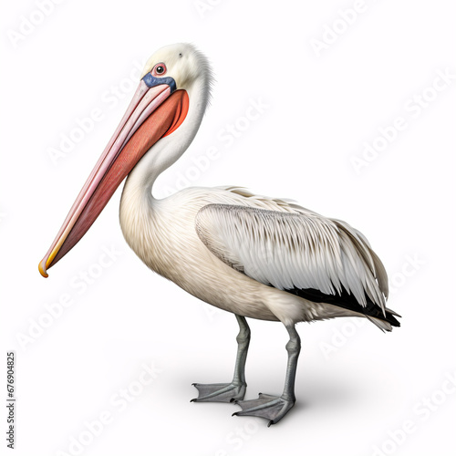 A solitary, colossal pelican on a pristine white canvas.
