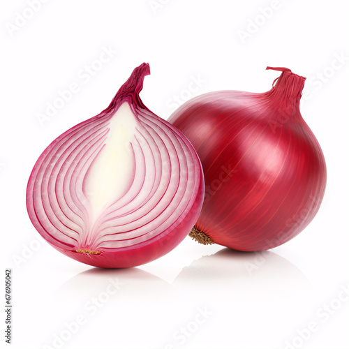 An isolated red onion, both cut and undamaged, on a plain white surface.