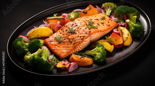 A view from above of a roasted salmon steak with accompanying vegetables isolated on a dark backdrop.