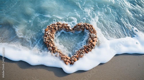 A heart of stones in sea foam in the sun