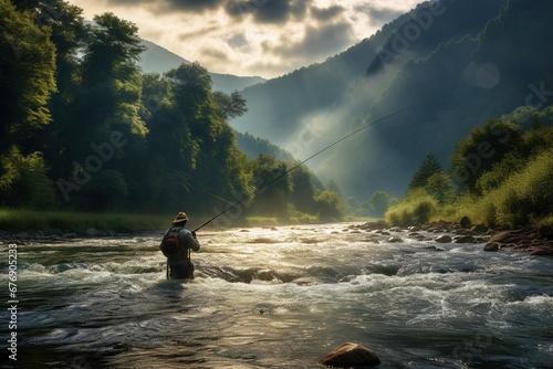 mountain river sun rays in background fisherman © dragan jovic