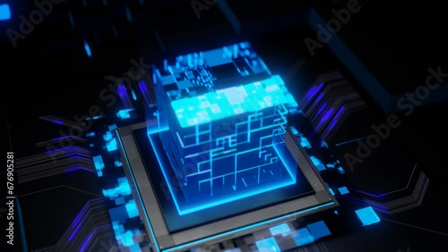 Sci-fi Cube Design: Visualizing CPU Digitalization with Blue Energy Pulse Expansion on Dark Background. photo
