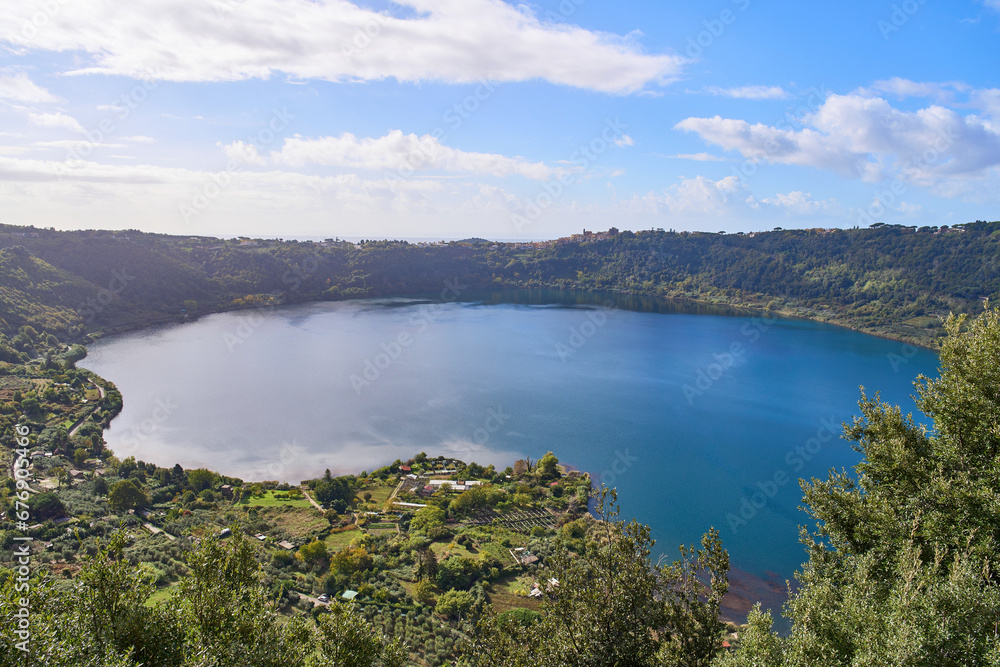 Lago di Nemi, a small circular volcanic lake in the province of Rome, Italy