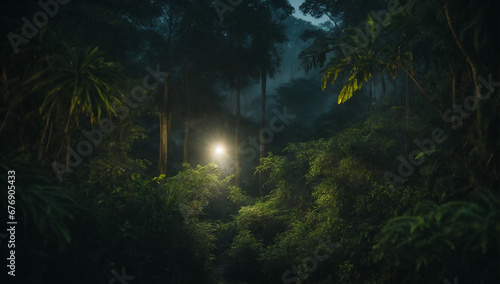 Moonlit jungle  casting shadows and revealing nocturnal creatures - AI Generative