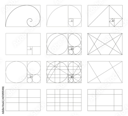 Golden ratio template set. Method golden section. Fibonacci array, numbers. Harmony proportions,  symmetry, balance. Outline vector graphic illustration. Geometry sequence grids.