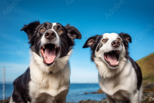 border collie barking with a wide open mouth in a studio shot isolated on a blue background, Generative AI