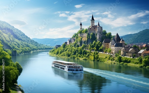 Scene of a River Cruise along the Danube in Europe. photo