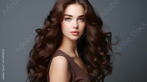 beauty brunette girl with long shiny curly hairs beauty background copy space
