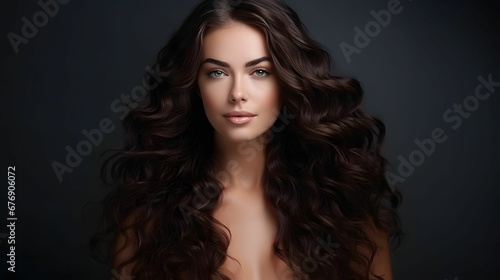 beauty brunette girl with long shiny curly hairs beauty background copy space