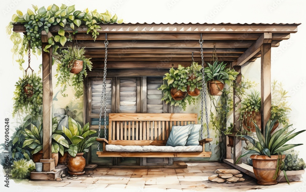 Sheltered Veranda Featuring a Swing and Potted Flora .