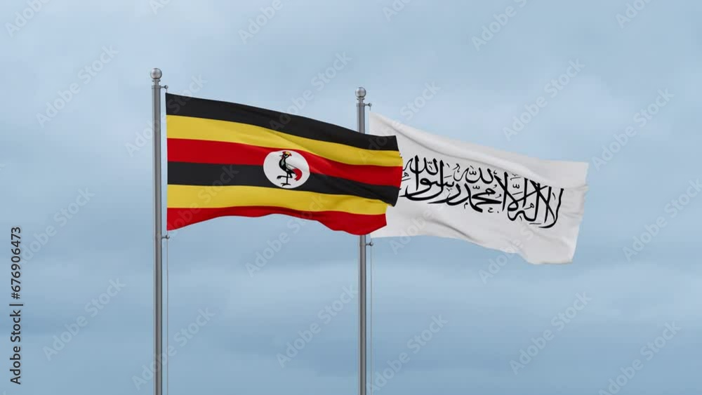 Uganda flag and Afghanistan flag waving together on cloudy sky, endless seamless loop Uganda flag and Afghanistan flag waving together on cloudy sky, endless seamless loop