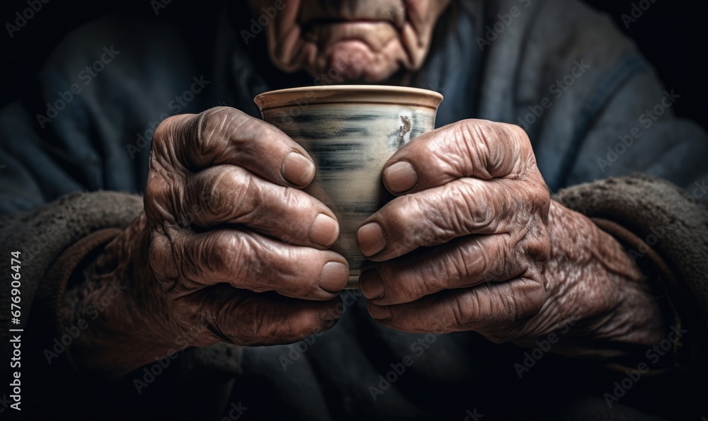 a very old wrinkly hands holding a cup, Generative AI