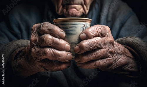 a very old wrinkly hands holding a cup, Generative AI