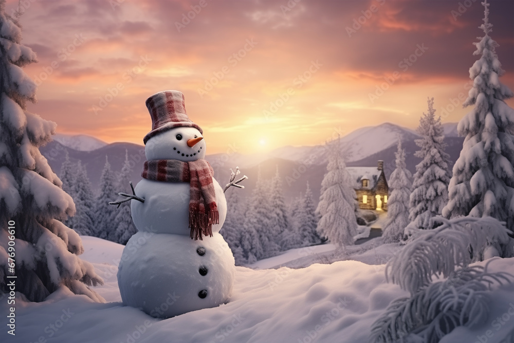 Obraz premium Christmas scene with happy snowman at sunset