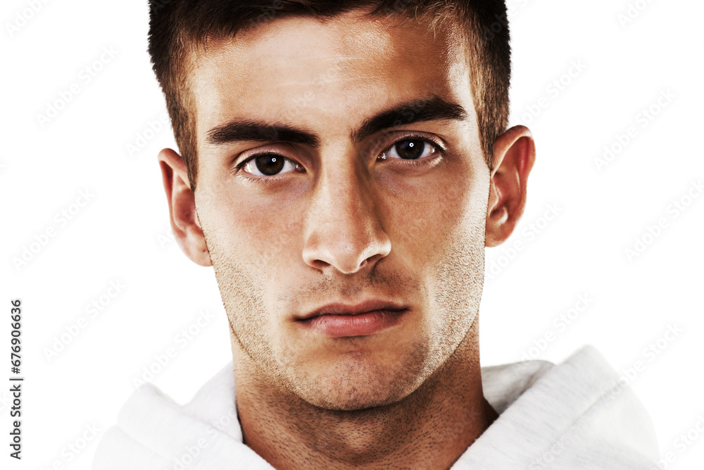 Obraz premium Portrait, serious and man in hoodie for fashion isolated on a white background. Confident young person, face of model and stylish clothes, casual and cool facial expression in Spain on a backdrop