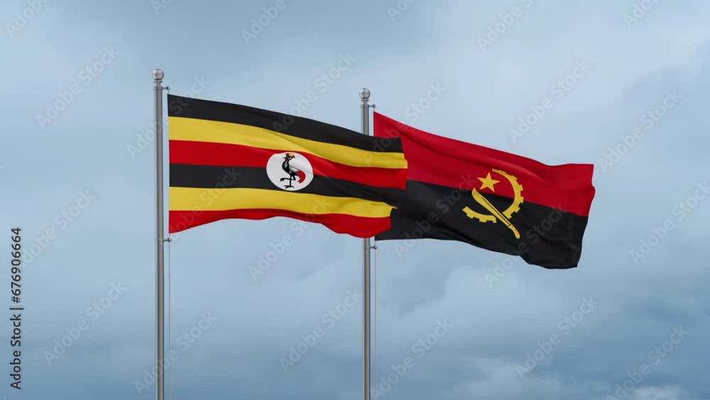 Uganda flag and Angola flag waving together on cloudy sky, endless seamless loop Uganda flag and Angola flag waving together on cloudy sky, endless seamless loop