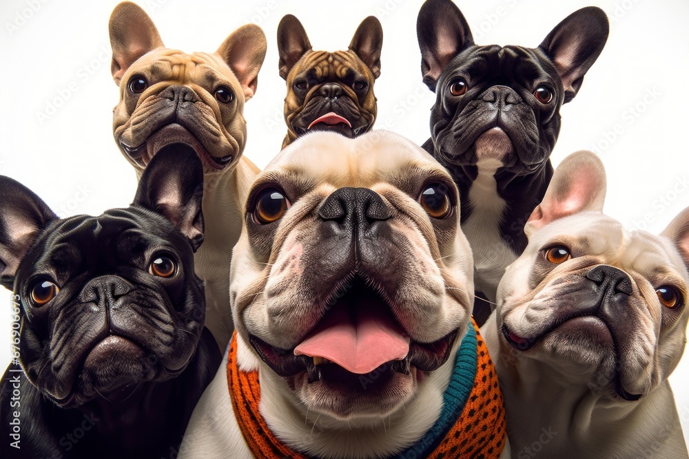 a french bulldog taking a selfie with other dogs on an isolated background, Generative AI