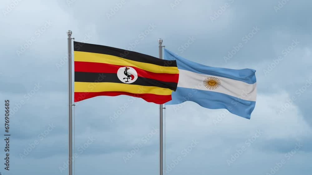 Argentina flag and Uganda flag waving together on cloudy sky, endless seamless loop, two country relations concept Argentina flag and Uganda flag waving together on cloudy sky, endless seamless loop, two country relations concept
