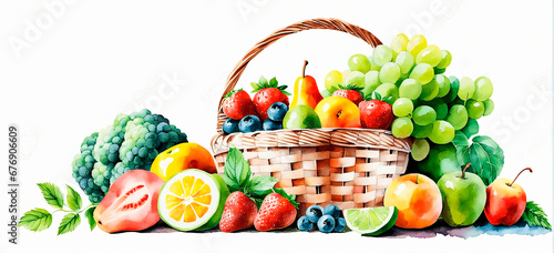 A basket with fruits in watercolor painting style. Banner format.