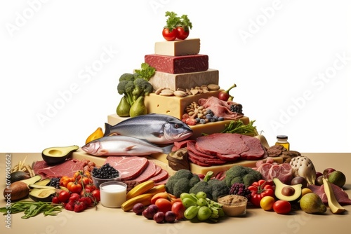 a food pyramid with meat, dairy and plants, Generative AI