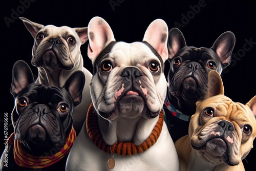 a french bulldog taking a selfie with other dogs on an isolated background, Generative AI photo