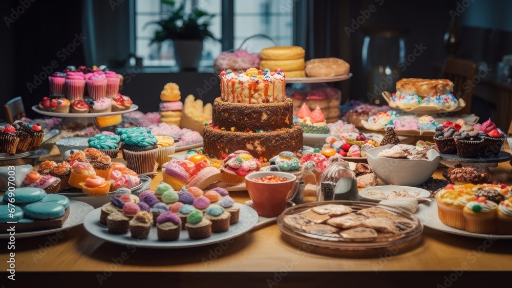 a table full of cakes and pastries, Generative AI