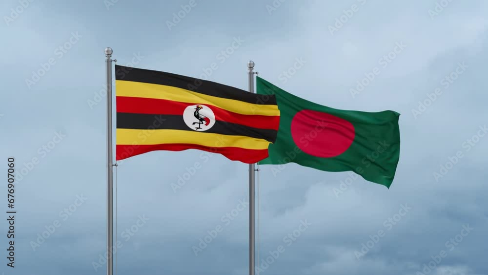 Bangladesh flag and Uganda flag waving together on cloudy sky, endless seamless loop, two country relations concept Bangladesh flag and Uganda flag waving together on cloudy sky, endless seamless loop, two country relations concept